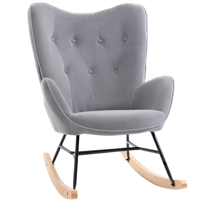 Fauteuil à bascule oreilles rocking chair grand confort accoudoirs assise dossier garnissage mousse haute densité aspect velours gris