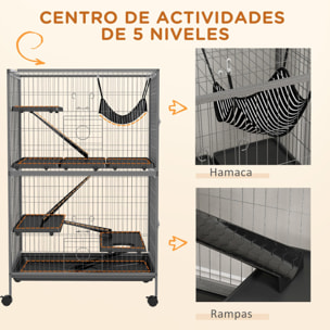 Jaula para Animales Pequeños de 4 Niveles Parque para Mascotas con Ruedas Rampas Hamaca Colgante y Bandeja Extraíble Recinto para Conejos Chinchillas Hurones 80x52x128 cm Gris