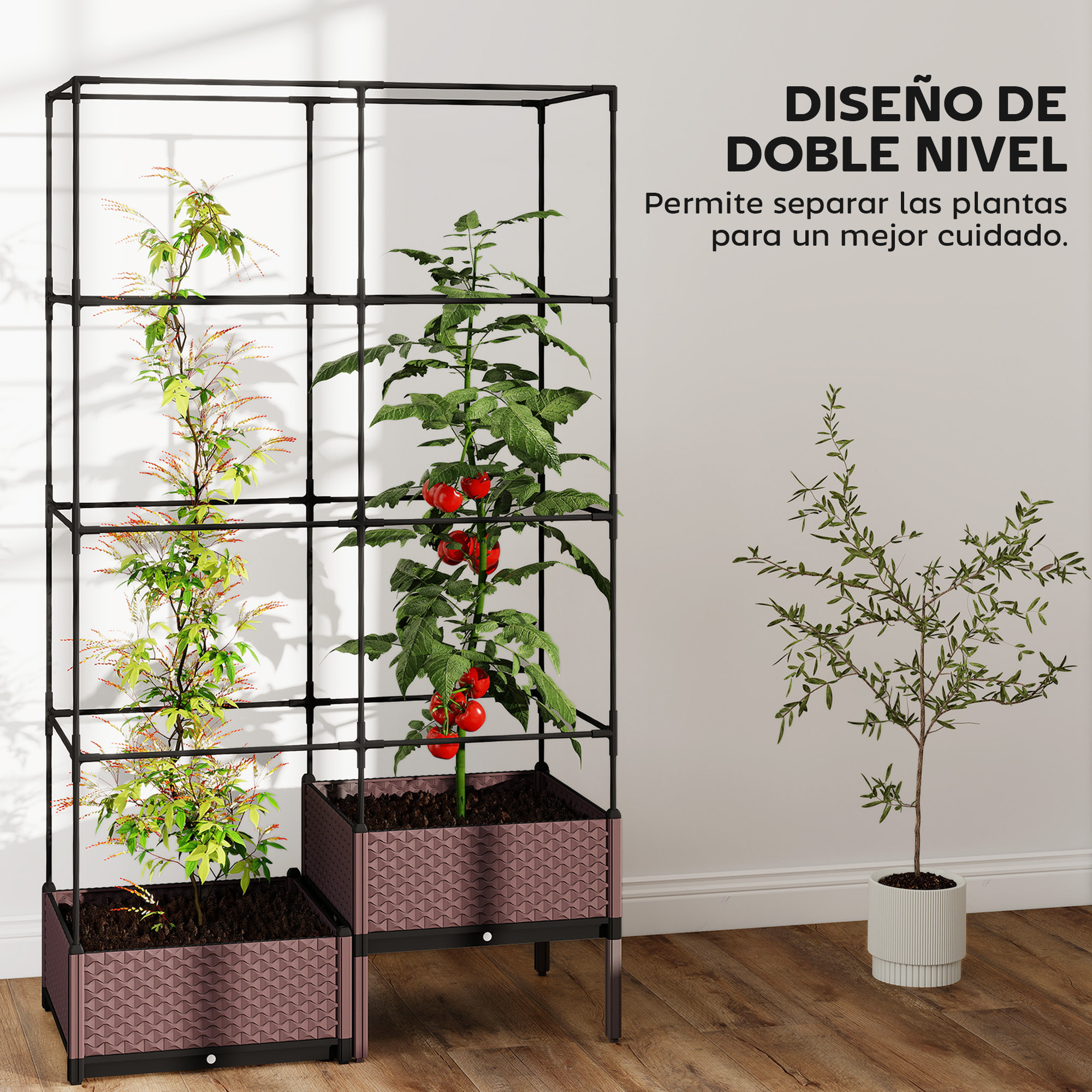 Jardinera con Enrejado Metálico, Jardinera Exterior Grande para Plantas Trepadoras, 2 Macetas de PP con Orificios de Drenaje, Tapones, Macetero Elevado para Jardín Patio, 100x50x174 cm, Negro