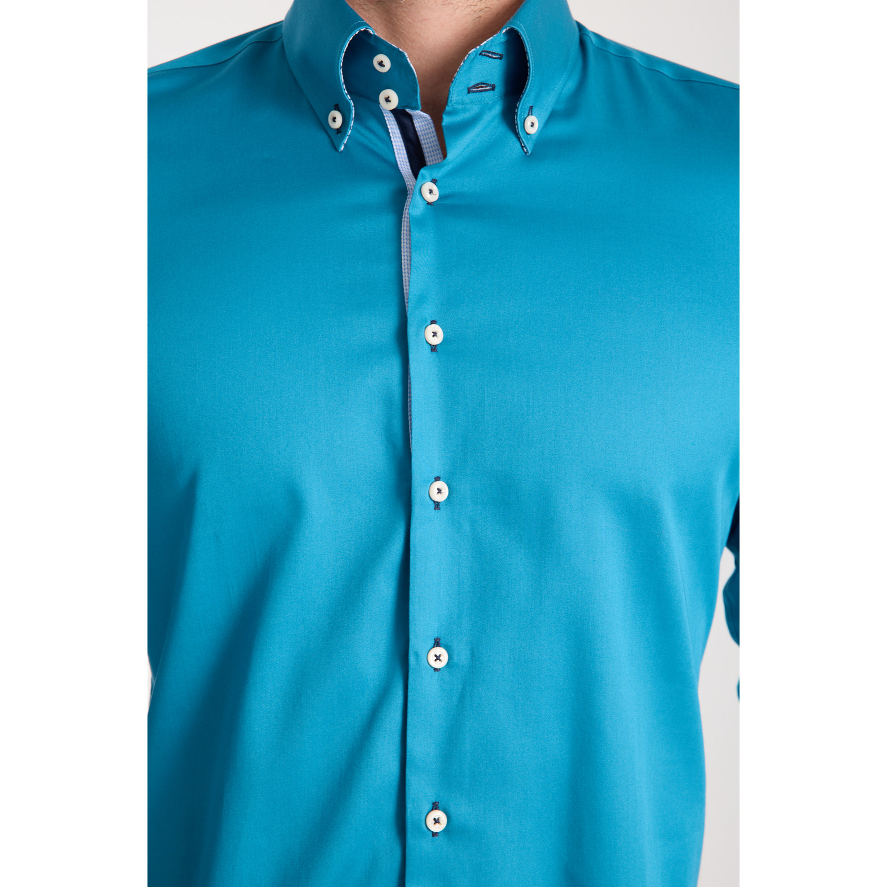 Camicia Uomo 2 Bottoni Button Down Slim Satin Unito Verde Ottanio