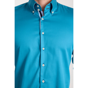 Camicia Uomo 2 Bottoni Button Down Slim Satin Unito Verde Ottanio