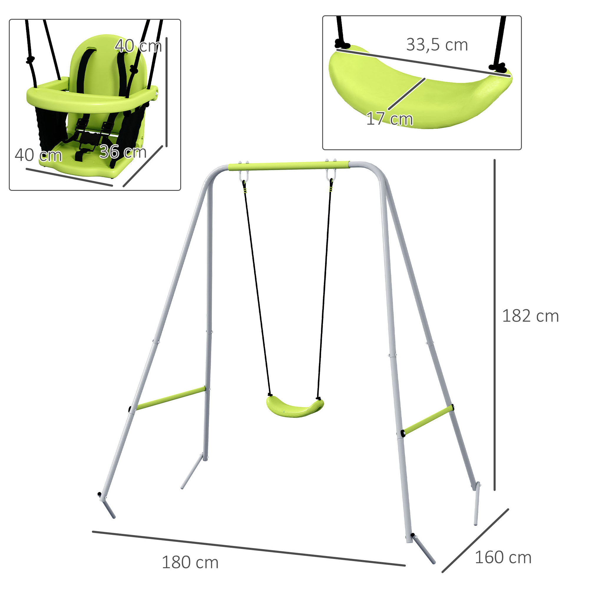 Portique balançoire évolutive - siège haut, accoudoirs, ceinture sécurité 5 points, barre protection - métal époxy gris vert