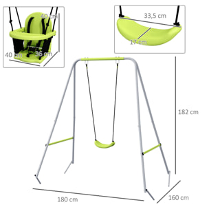 Portique balançoire évolutive - siège haut, accoudoirs, ceinture sécurité 5 points, barre protection - métal époxy gris vert