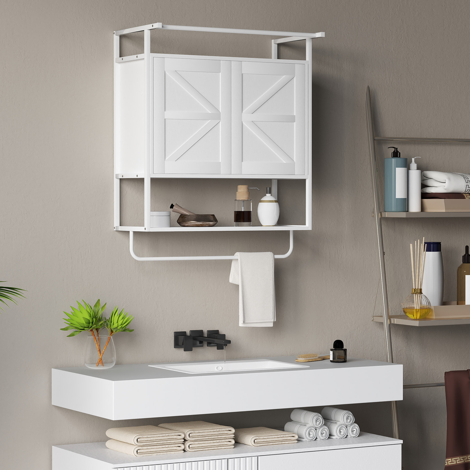 Armario de Pared para Baño Multiusos Mueble de Baño Suspendido Armario Colgante de Almacenamiento con 2 Puertas Estante Toallero 63x34x75 cm Blanco