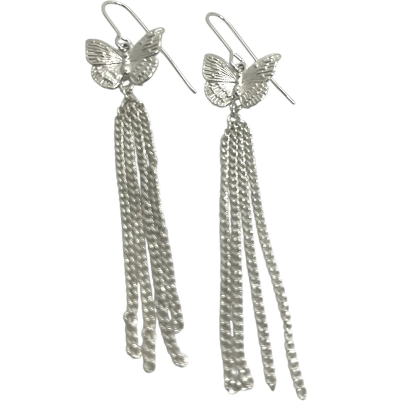 Pendiente mariposa gancho y cadenas en plata 10µ largo 8cm