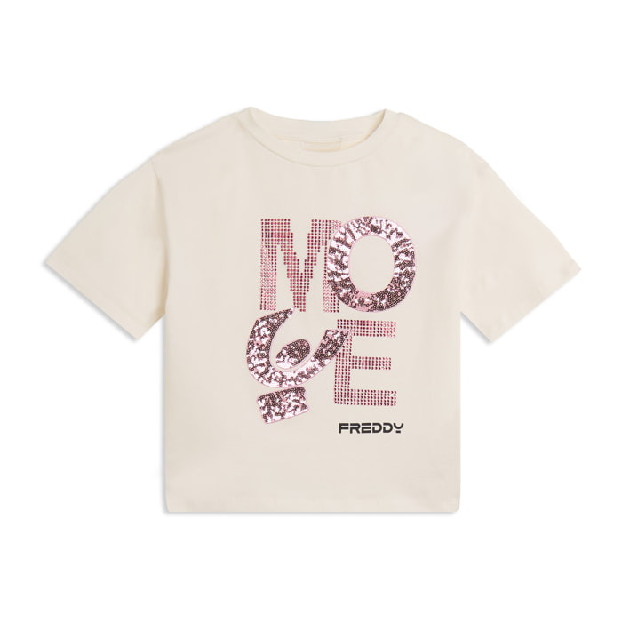 T-shirt Junior cropped con grafica in strass e paillettes