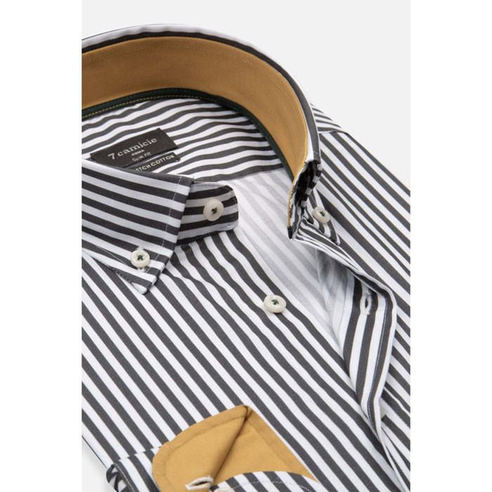 camicia uomo 1 bottone button down slim Popeline Stretch Riga Media Bianco e Grigio Scuro