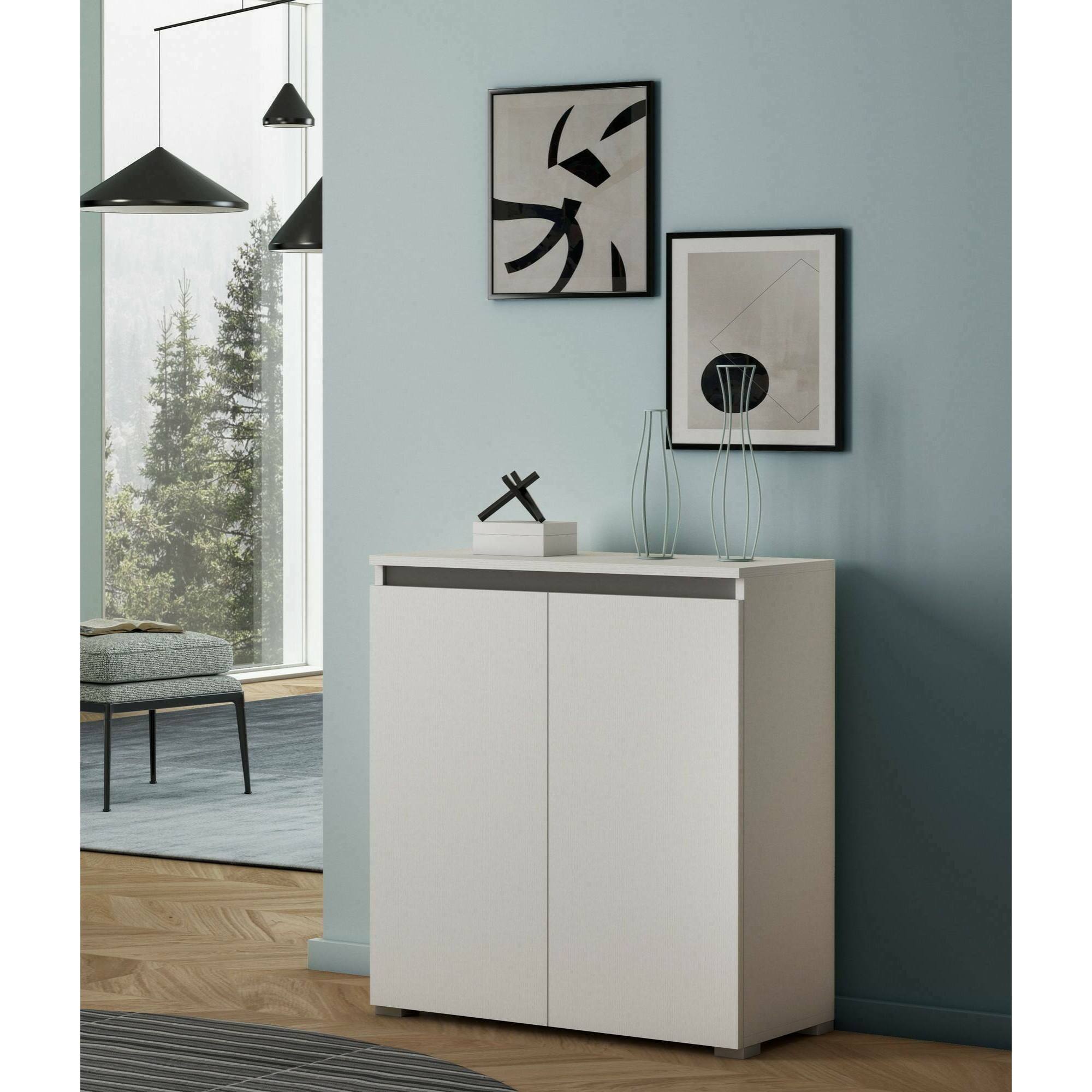 Scarpiera Astrina, Mobile multiuso, Porta scarpe salvaspazio a 2 ante, Armadio portaoggetti con scaffali, 100% Made in Italy, 80x37h102 cm, Bianco