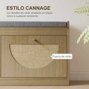 Banco Zapatero, Banco Recibidor Bohemio, con Asiento Acolchado, Puertas Frentes de Ratán, Estante Ajustable, para 8 Pares de Zapatos, para Entrada, 105x35x47 cm, Natural
