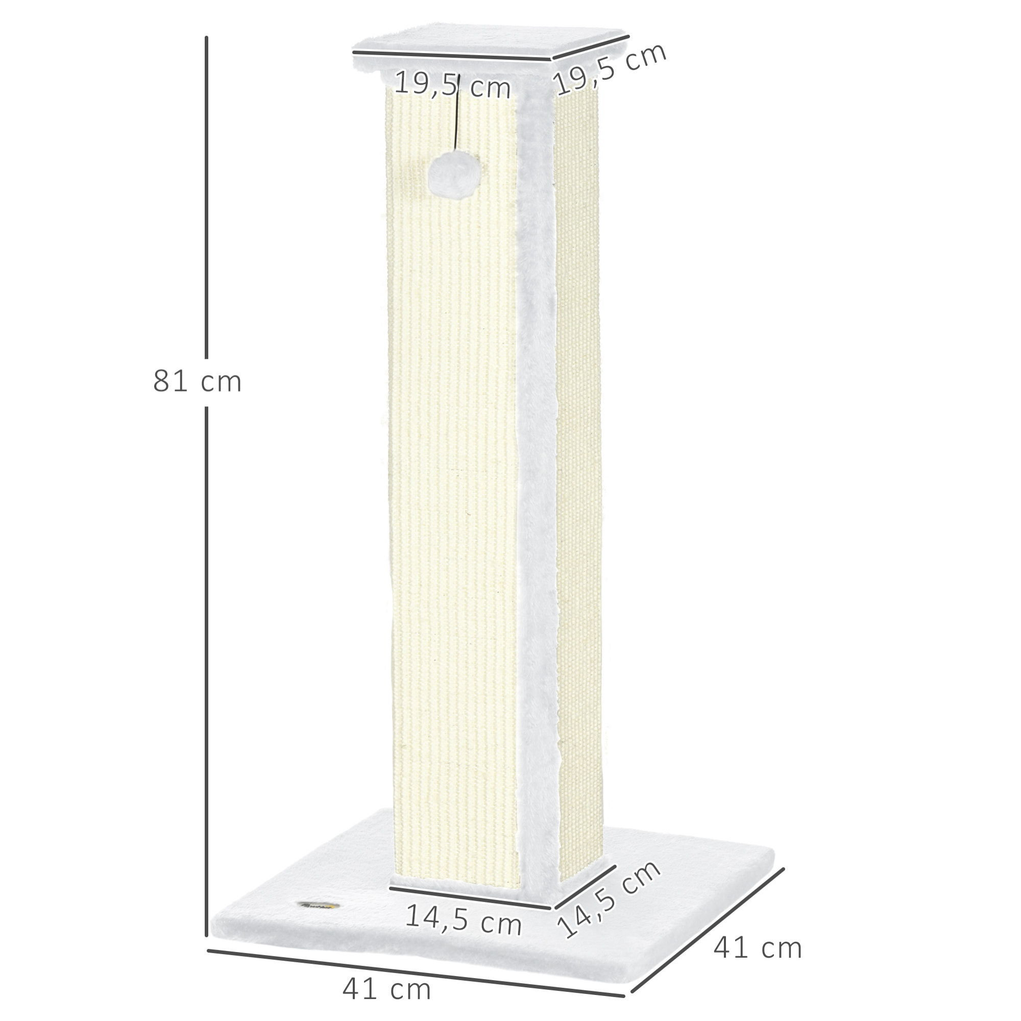 Griffoir tour pour chat H.81 cm - poteau à griffer avec jeu balle suspendue - peluche blanc sisal naturel