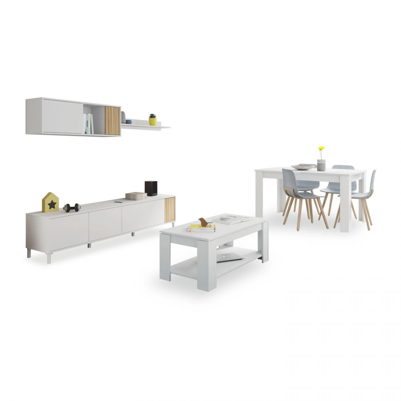 Pack salón con mesa de centro y mesa de comedor Nitza Max V1A Blanco Artik (Blanco Mate) - Natur