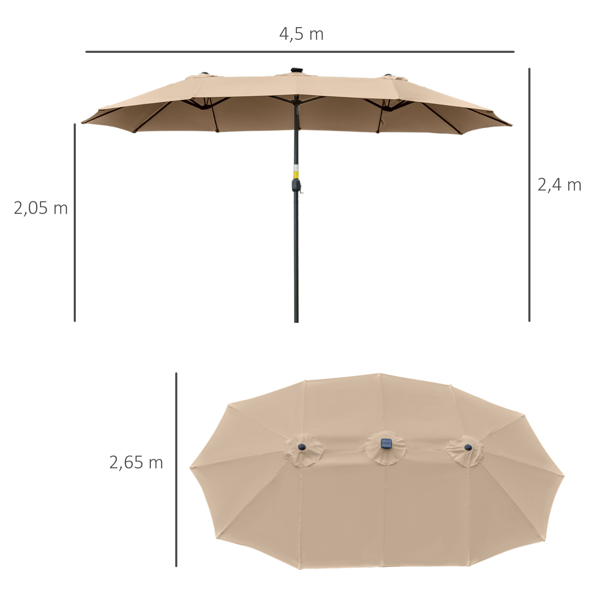 Sombrilla Doble de Jardín con 48 Luces LED Solar 450x265x240 cm Parasol Grande de Exterior con Manivela Protección Solar para Terraza Balcón Piscina Caqui