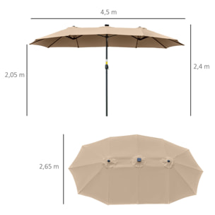 Sombrilla Doble de Jardín con 48 Luces LED Solar 450x265x240 cm Parasol Grande de Exterior con Manivela Protección Solar para Terraza Balcón Piscina Caqui