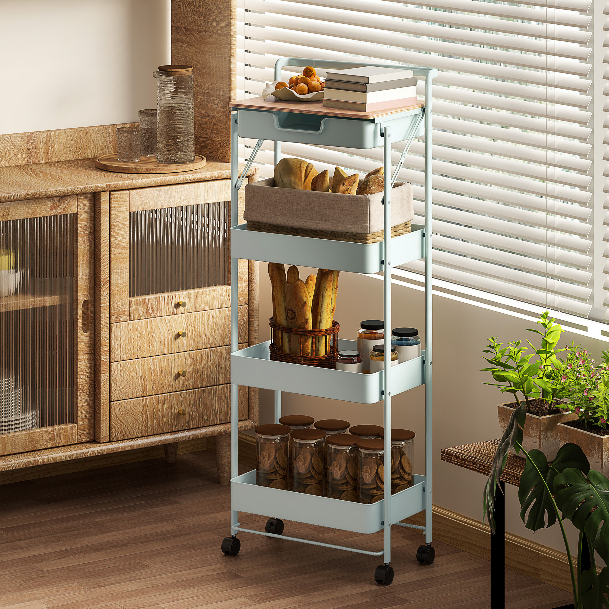 Carrito Auxiliar con Ruedas de 4 Niveles Carro de Cocina con 1 Cajón y 3 Cestas Carrito Organizador para Dormitorio Salón Oficina Verde Claro