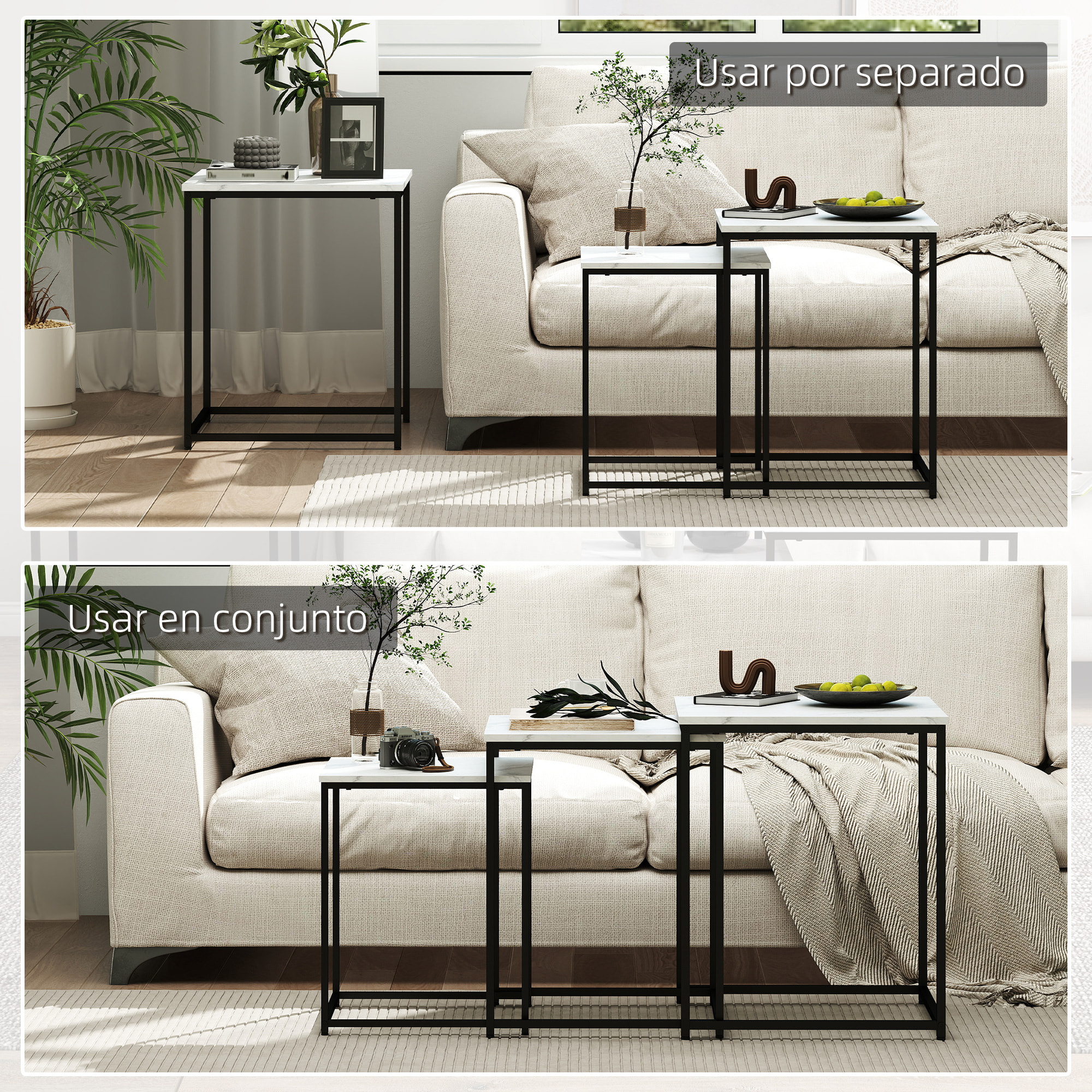 Juego de 3 Mesas Auxiliares para Salón, Mesas Nido con Efecto Mármol y Marco de Acero, Estilo Moderno, para Sala de Estar, Dormitorio, Blanco