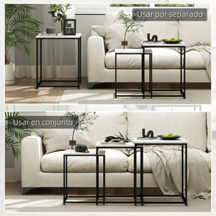 Juego de 3 Mesas Auxiliares para Salón, Mesas Nido con Efecto Mármol y Marco de Acero, Estilo Moderno, para Sala de Estar, Dormitorio, Blanco