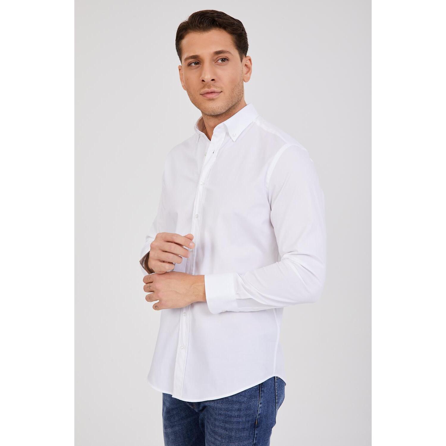 Camicia Uomo 1 Bottone Button Down Slim Popeline Stretch Unito Bianco