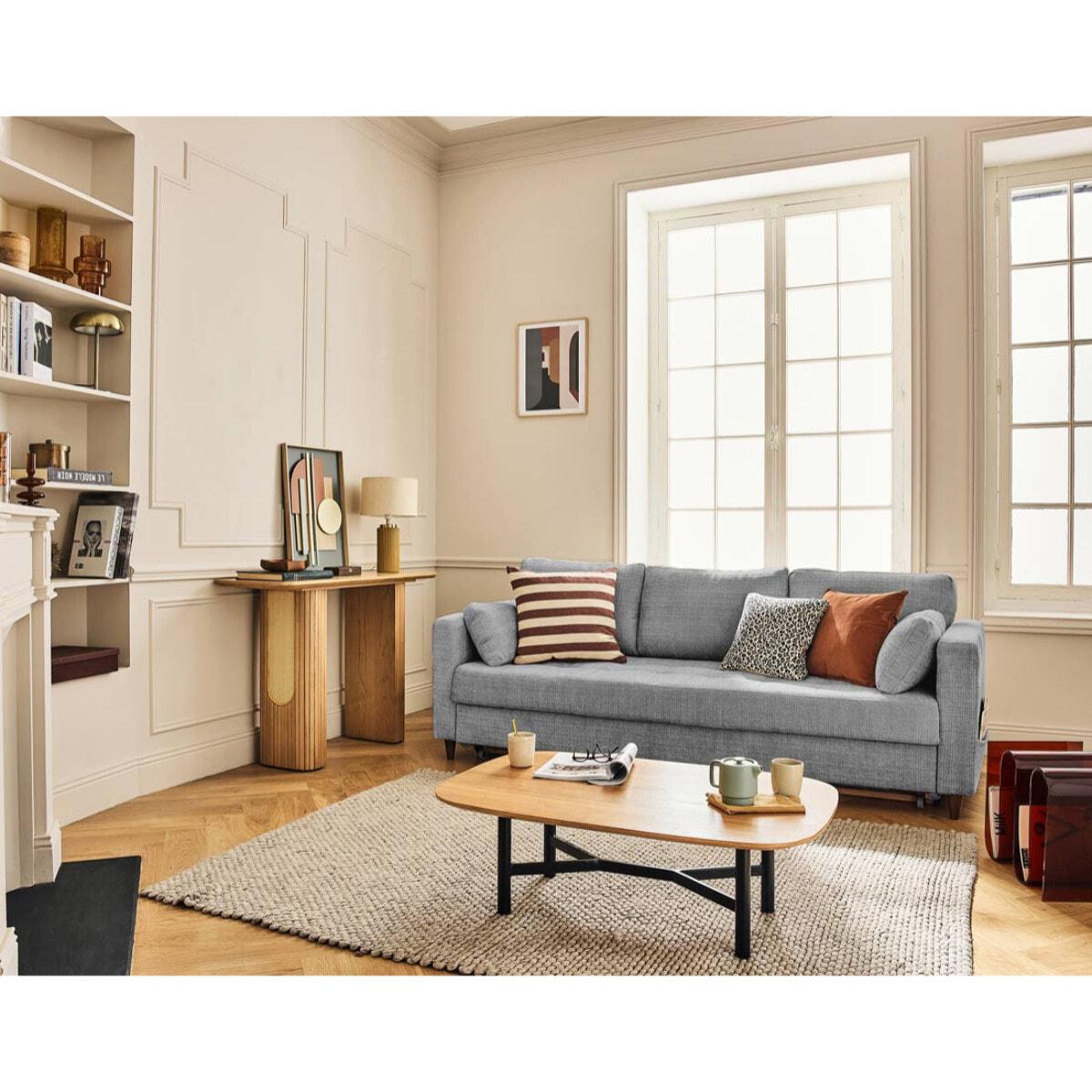 Anna - canapé droit 3 places convertible avec poche en velours texturé - Gris