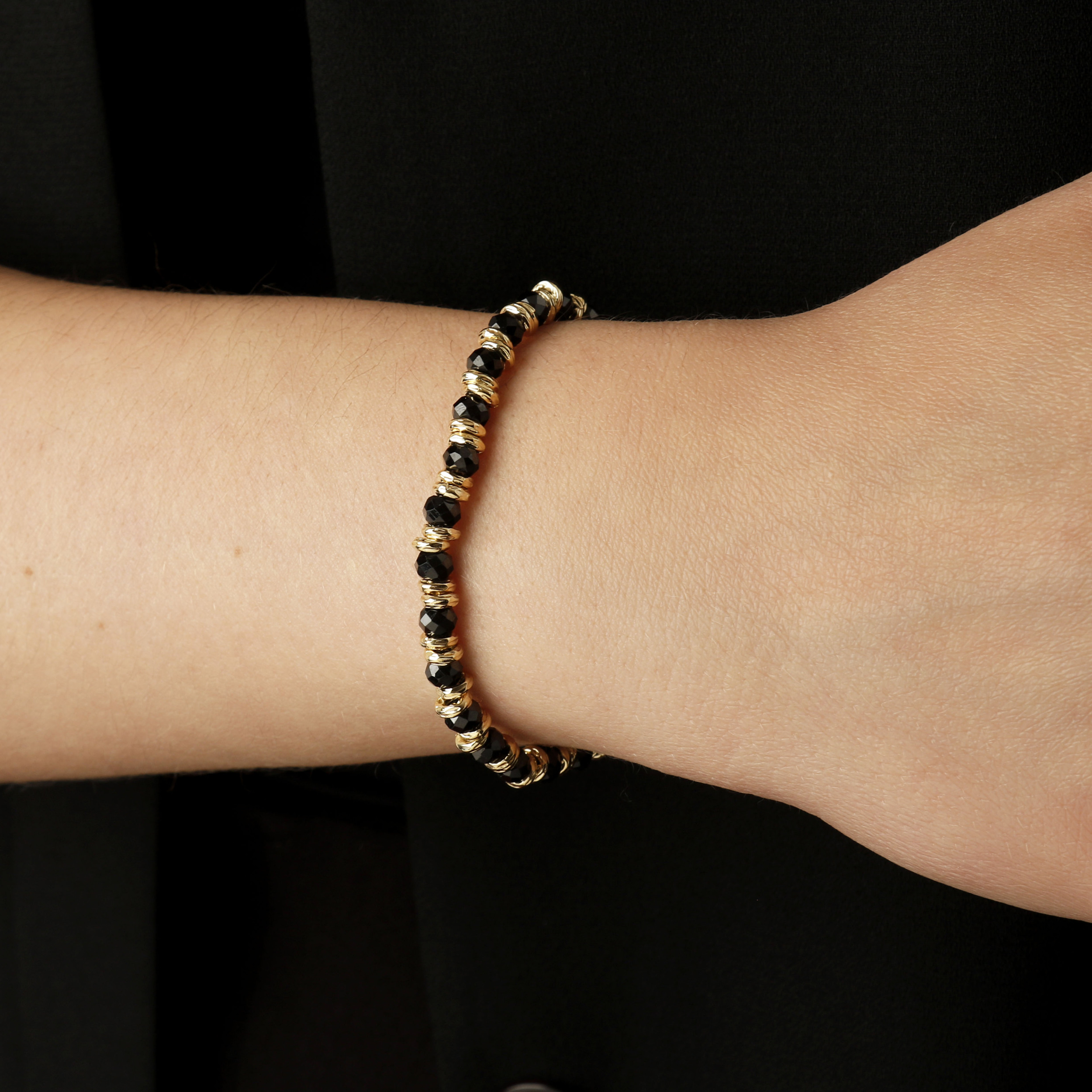 Bracciale Elastico con Rondelle Golden e Pietra Naturale Spinello Nero