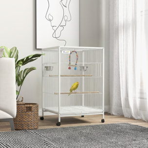 Jaula para Pájaros con Ruedas, Pajarera de Acero con Perchas, Columpio Bandeja Extraíble y Cuencos de Acero Inoxidable, Jaula Grande para Loros, Canario, Periquito, 48x46x78 cm, Blanco
