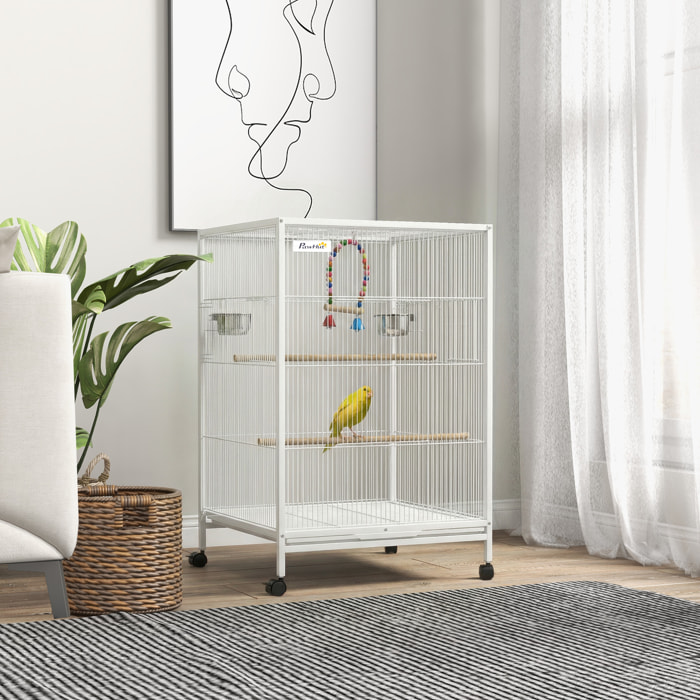 Jaula para Pájaros con Ruedas, Pajarera de Acero con Perchas, Columpio Bandeja Extraíble y Cuencos de Acero Inoxidable, Jaula Grande para Loros, Canario, Periquito, 48x46x78 cm, Blanco