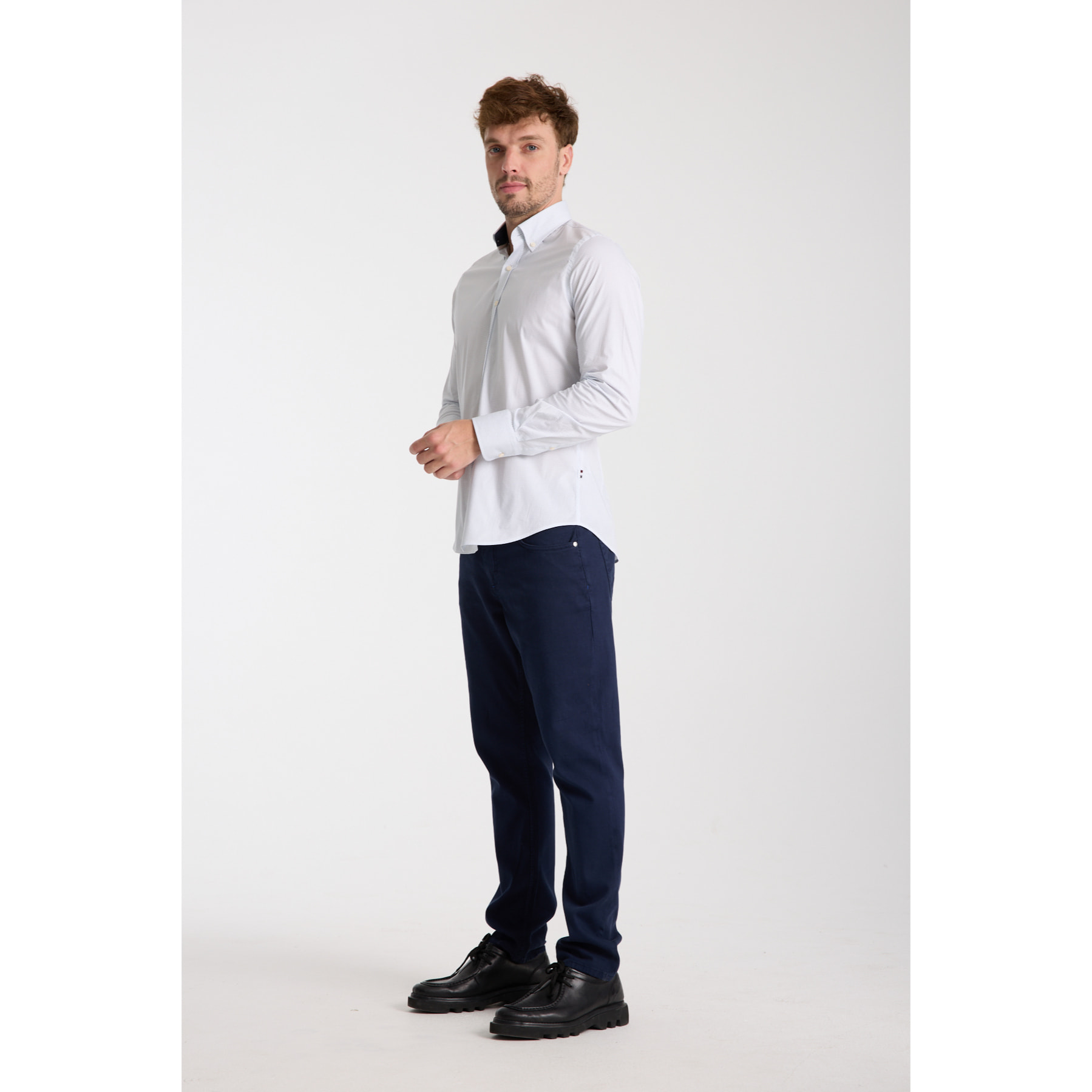camicia uomo 1 bottone button down slim Popeline Stretch Stampato Bianco\Blu Inchiostro