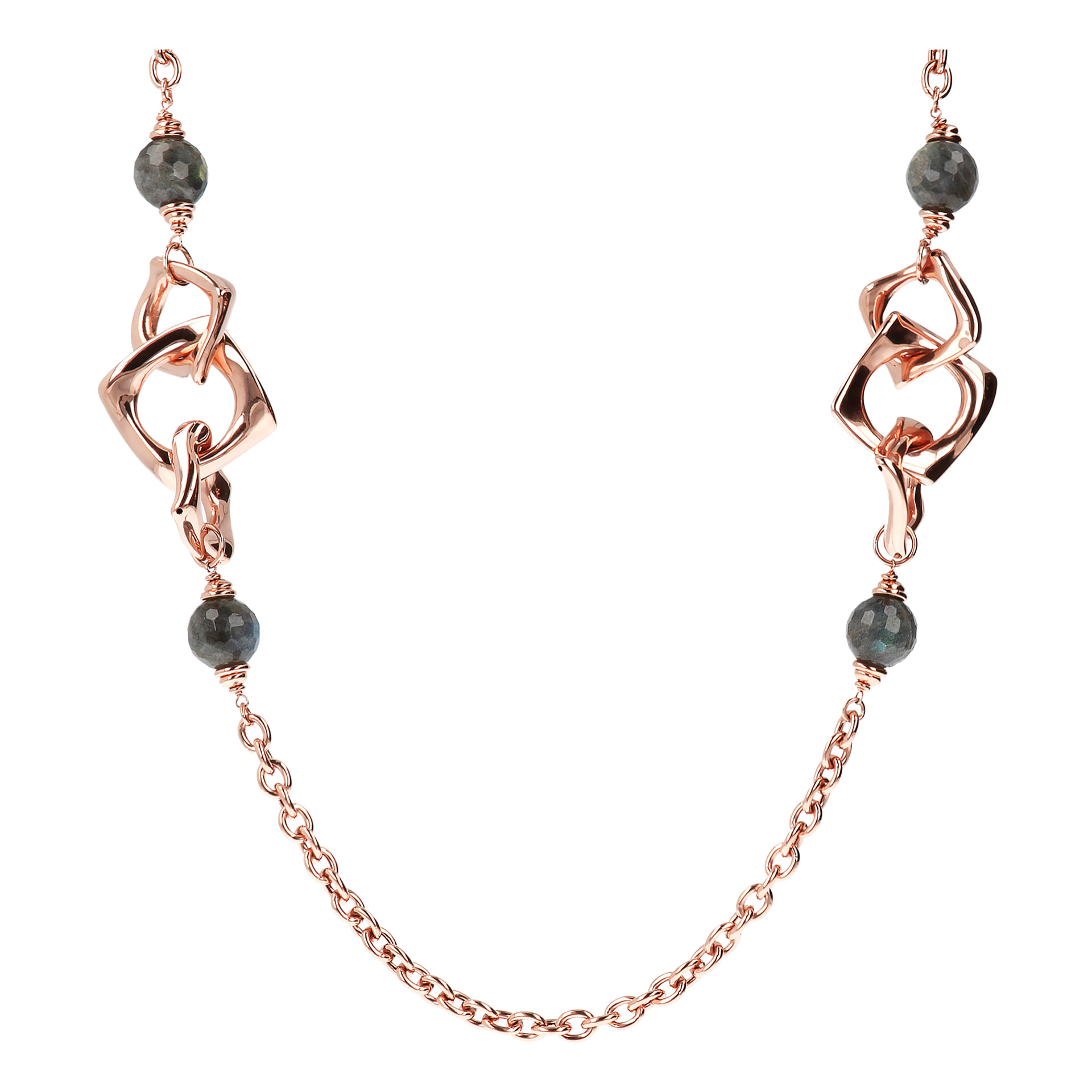 Collana Lunga con Elementi Quadrati Ritorti e Sfere in Labradorite Sfaccettata