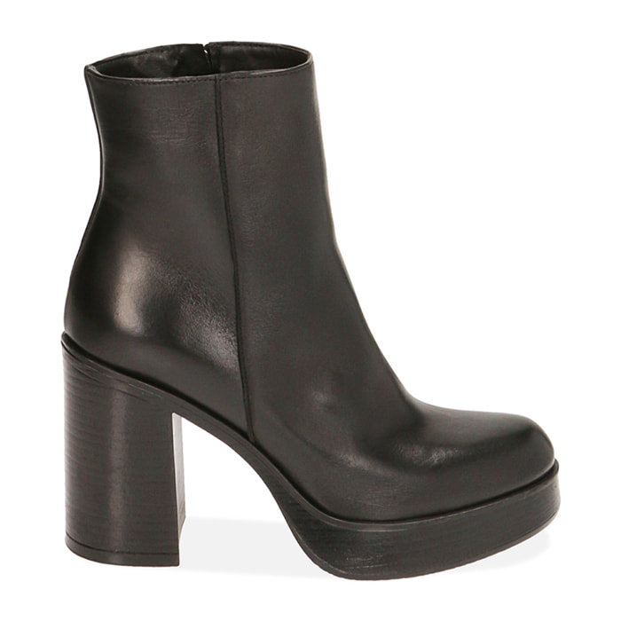 Botines de tacón platform negras en piel, tacón 10 cm