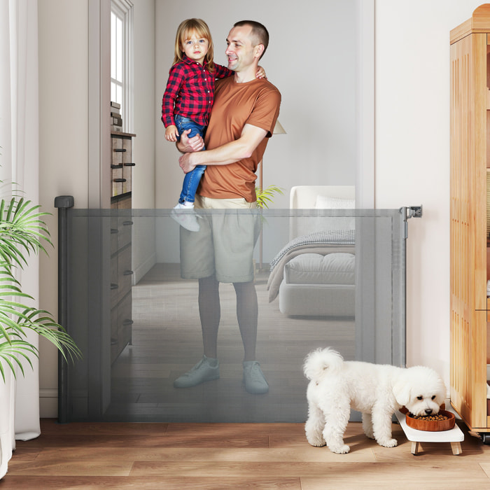 Barrera de Seguridad para Perros Retráctil, Extensible hasta 140 cm de Ancho y 93 cm de Alto, para Escaleras y Puertas, Valla para Perros Pequeños y Medianos, Uso con Una Sola Mano, Gris