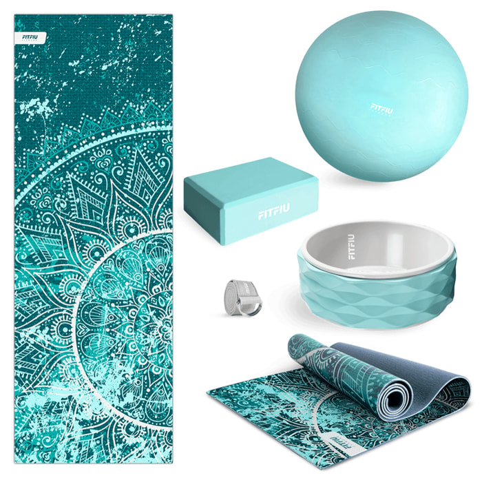 Pack accesorios yoga azul FITFIU esterilla, bloque, bola, rueda correa