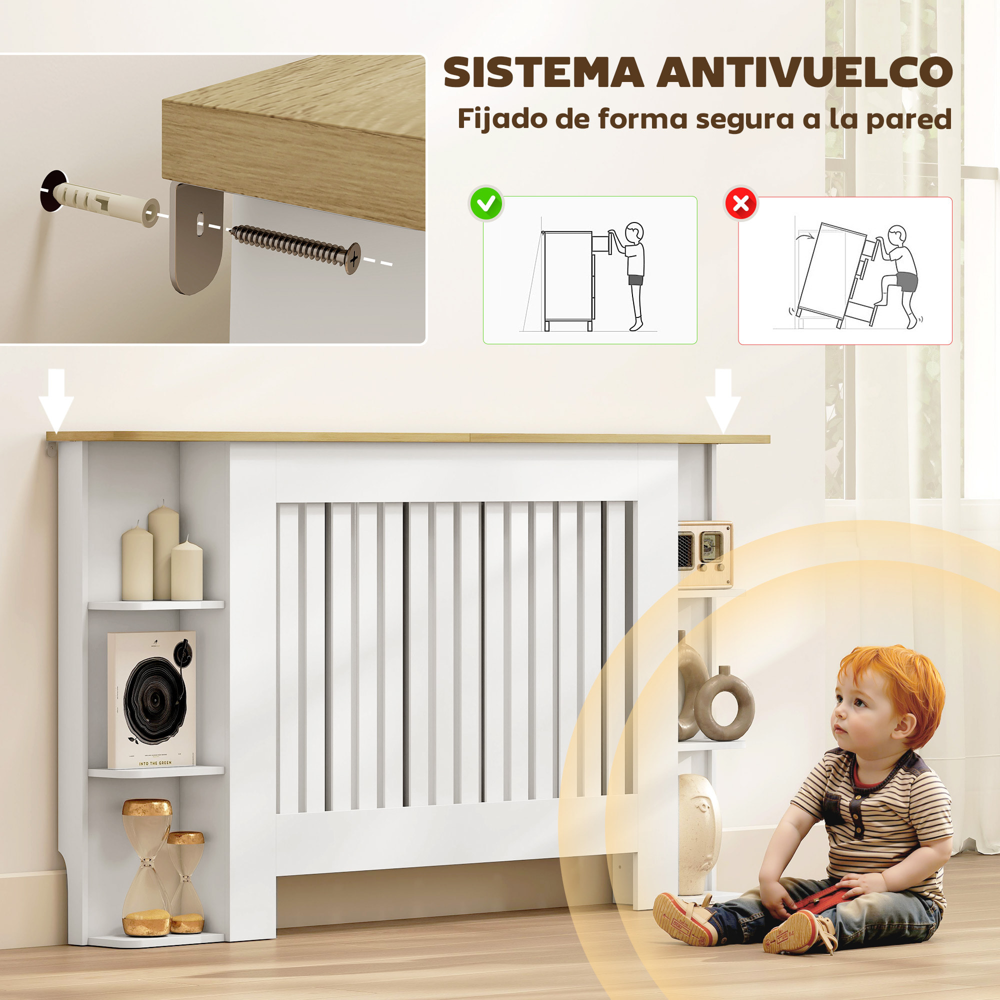 Cubre Radiadores con Estantes, Cubreradiador de MDF, Cubierta para Radiador, Diseño Moderno de Listones, para Salón, Dormitorio, 152x19x83 cm, Blanco