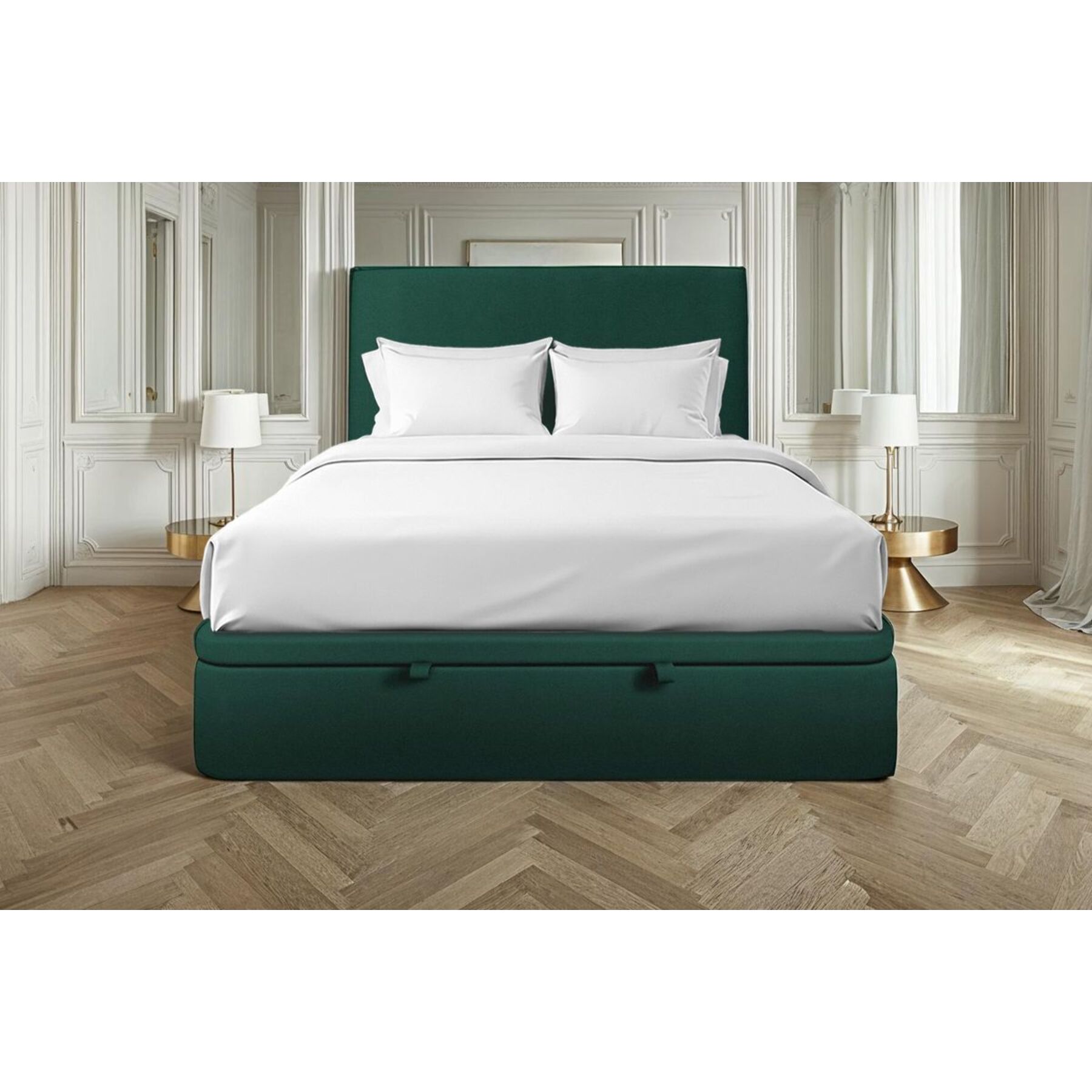 Lit avec sommier et tête de lit lisse - Tissu velours au style contemporain - Adapté à tous les matelas, montage rapide - Finition élégante - Rangement XXL
