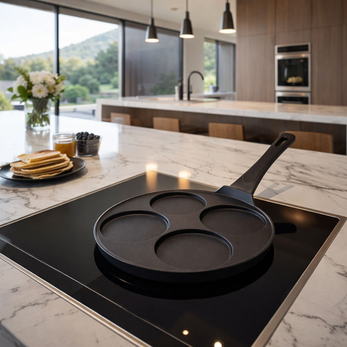 Poêle à pancakes 26cm en aluminium noir 4 trous