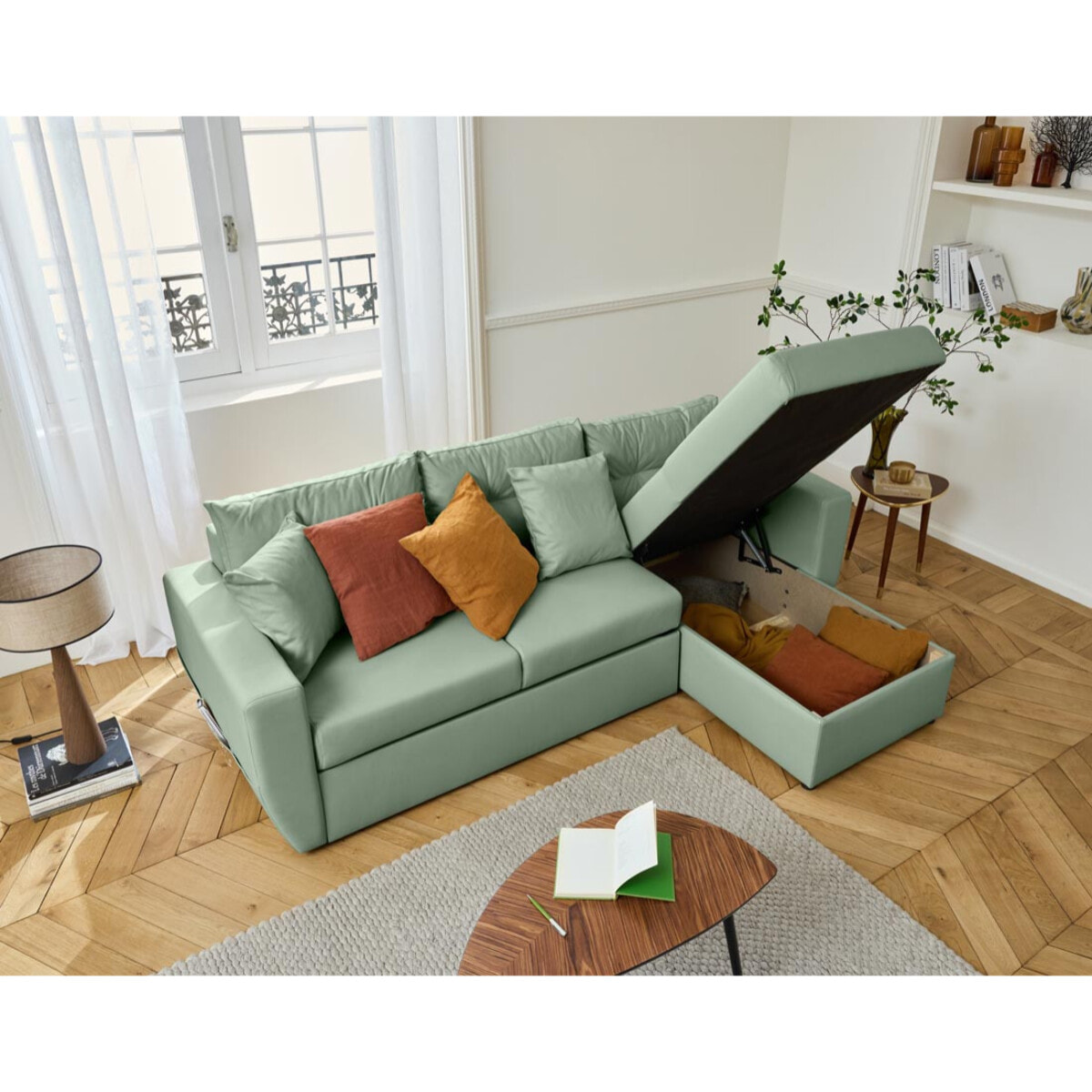 Astoria - canapé d'angle réversible 4 places - convertible avec coffre - en simili - Vert sauge