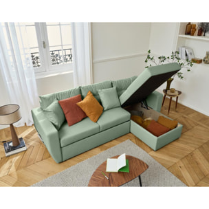 Astoria - canapé d'angle réversible 4 places - convertible avec coffre - en simili - Vert sauge