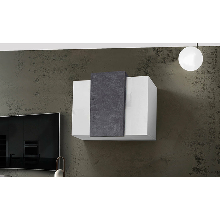 Mobile pensile Andras, Armadio multiuso, Mobiletto a muro, 100% Made in Italy, cm 90x38h66, Bianco lucido e Ardesia