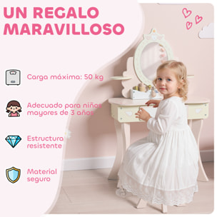 Tocador para Niñas, Tocador de Maquillaje Niñas, 2 en 1, Escritorio, con Taburete, Espejo, Cajón, 7 Accesorios, a Partir de 3 Años, Rosa