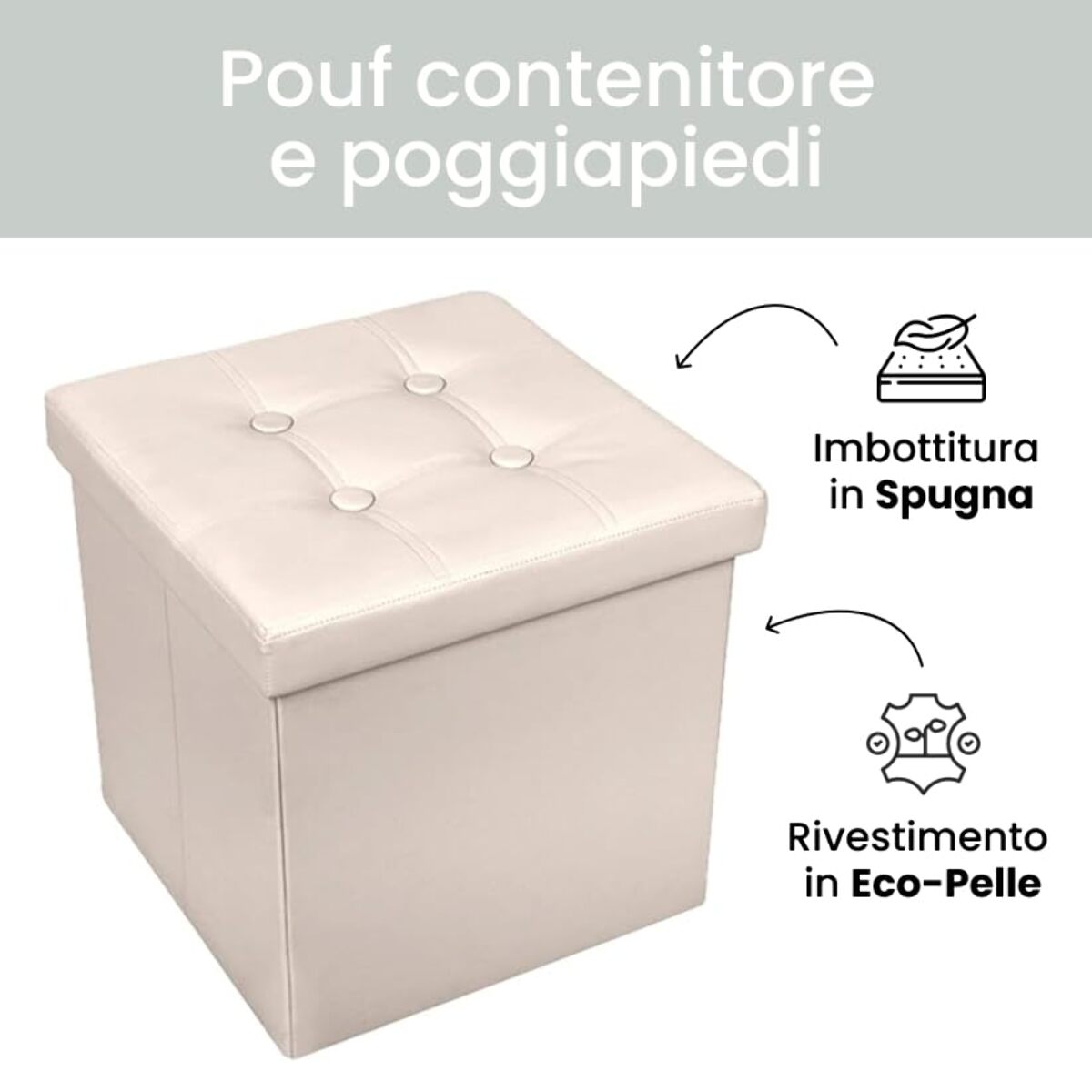 Pouf Contenitore, Puffo per Sedersi, Pouf Poggiapiedi, in Ecopelle, Quadrato, Imbottito, Versatile, Facile da Pulire