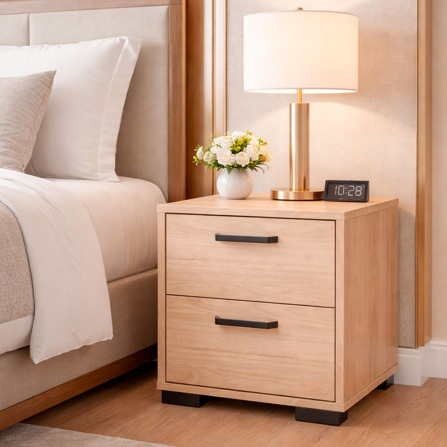 Comodino 2 Cassetti Notte Moderno Guide In Acciaio A Scorrimento Design Essenziale Salvaspazio Camera Da Letto Cameretta 40.2 x 39.8 x 44.3 Cm Rovere