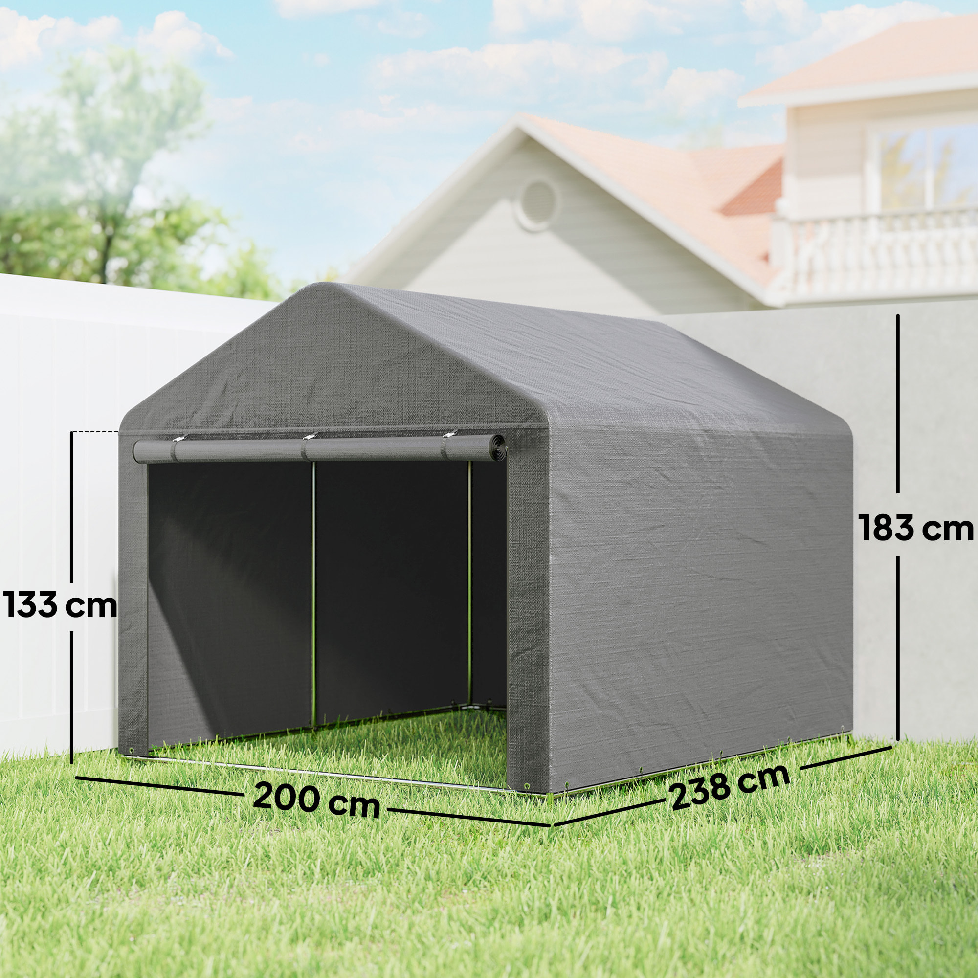 Carpa de Jardín Exterior para Herramientas, Bicicletas, 2,4x2x2 m, Cobertizo Exterior con Marco Metal Galvanizado, Puerta Enrollable con Cremallera, Impermeable, UV30+, Garaje Portátil, Gris