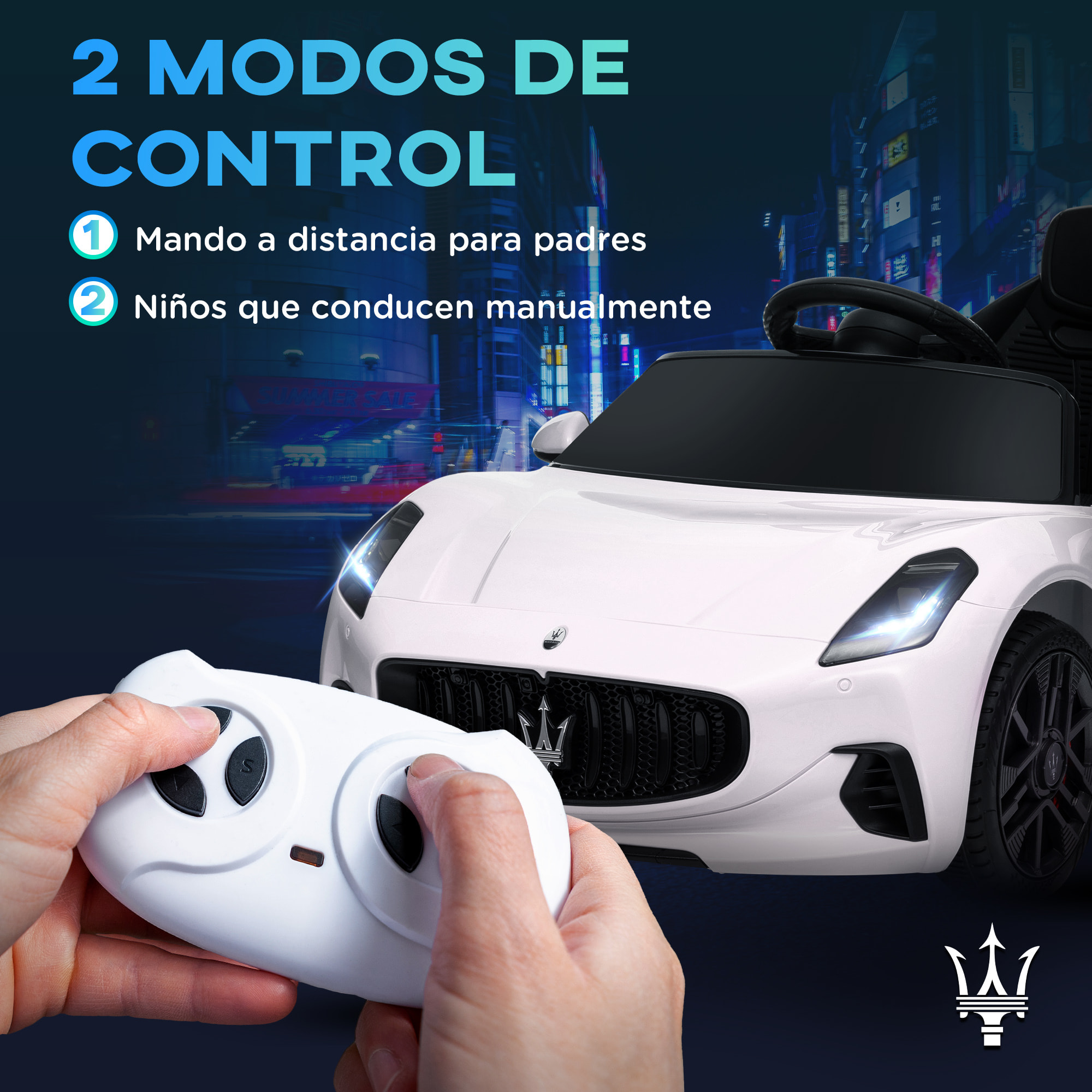 Coche Eléctrico para Niños de +3 Años Maserati Gran Turismo Folgore Coche Eléctrico con Batería 12V Mando a Distancia Faros Bocina y Música MP3 Blanco