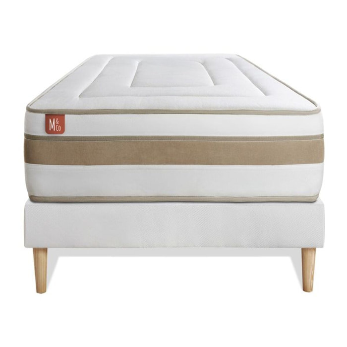 Ensemble Matelas Le Raffiné - 26cm - Ressorts ensachés et mémoire de forme - Confort haut de gamme, impact réduit. - Sommier kit Blanc