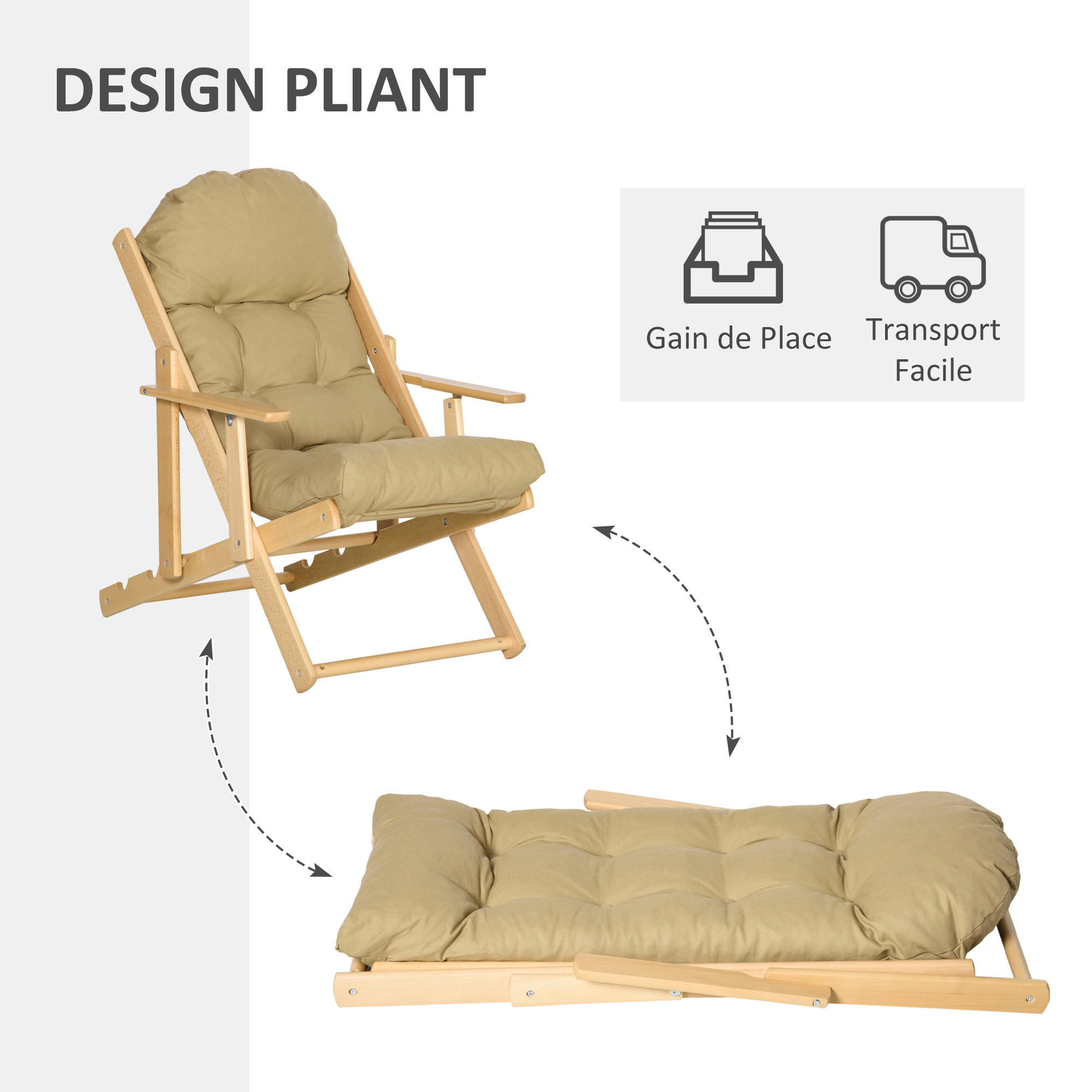 Fauteuil chaise pliable et inclinable en bois grand confort avec coussin capitonné épais - dim. 71I x 89P x 96H cm - beige