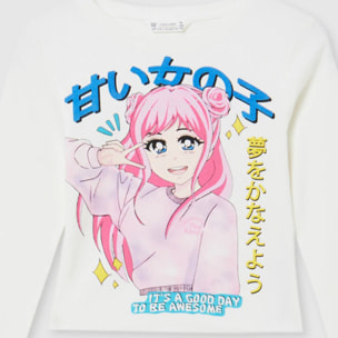 T-shirt a costina con stampa manga