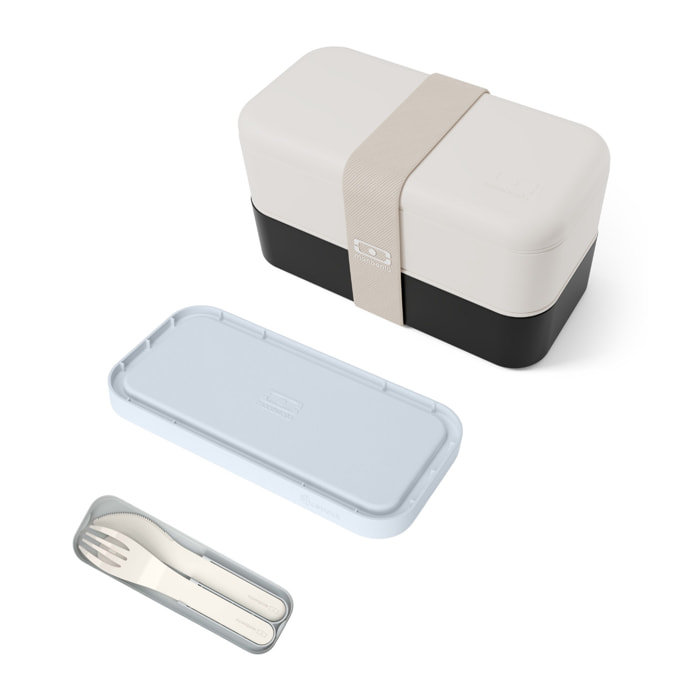 Set repas lunch box 2 étages 1L beige/noir + couverts + pain de glace