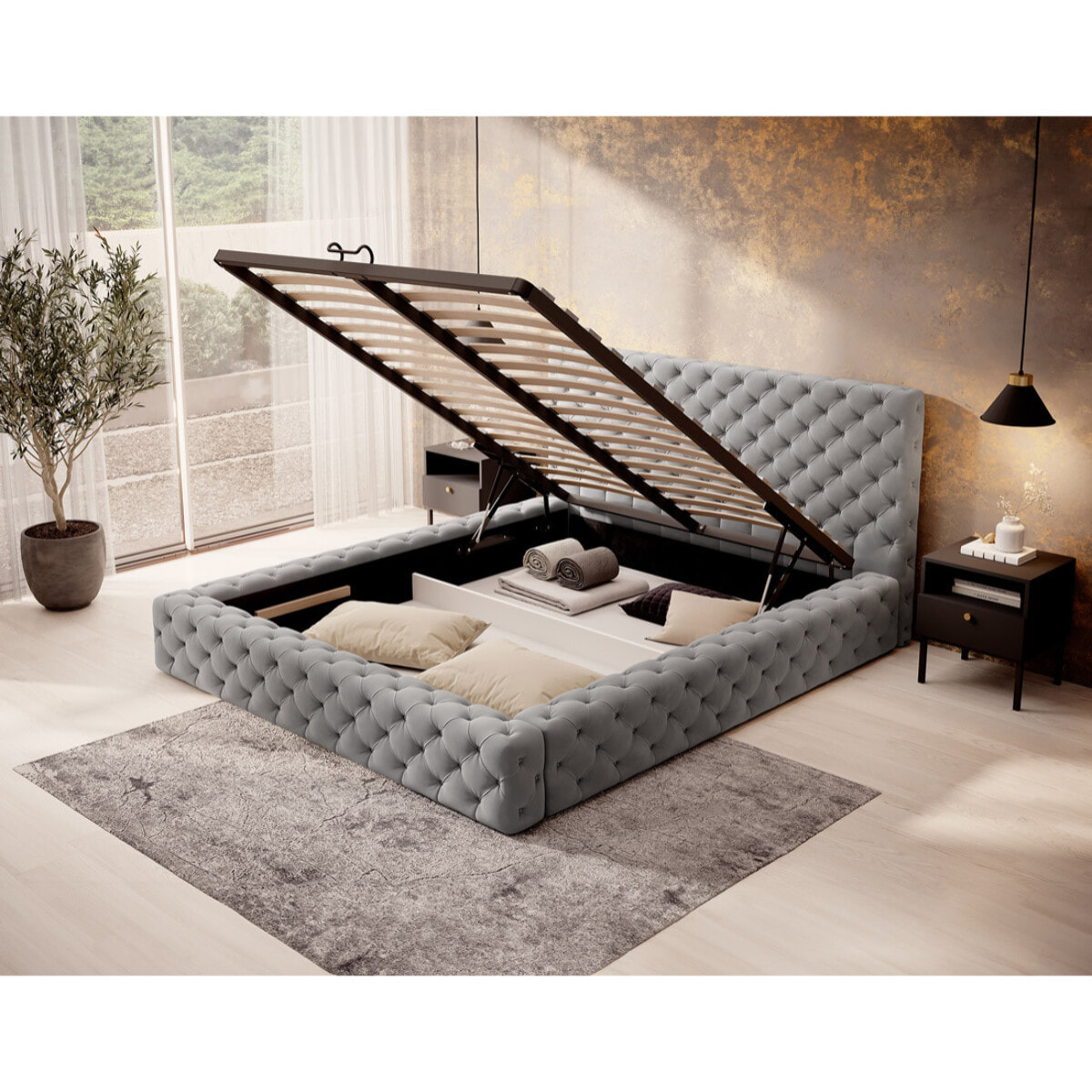 Christiana - lit coffre - 160x200 - sommier inclus - en velours - Gris clair