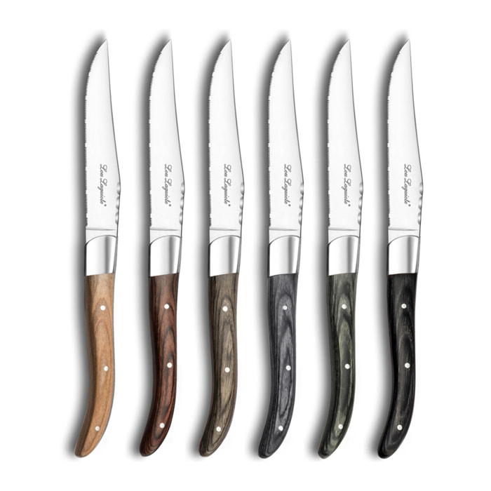 Louis - 6 cuchillos para carne con mangos de madera Pakka mezclados