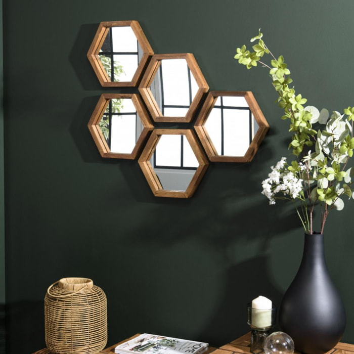 ALIDA - Miroir 'S' marron structure bois teck recyclé forme hexagone