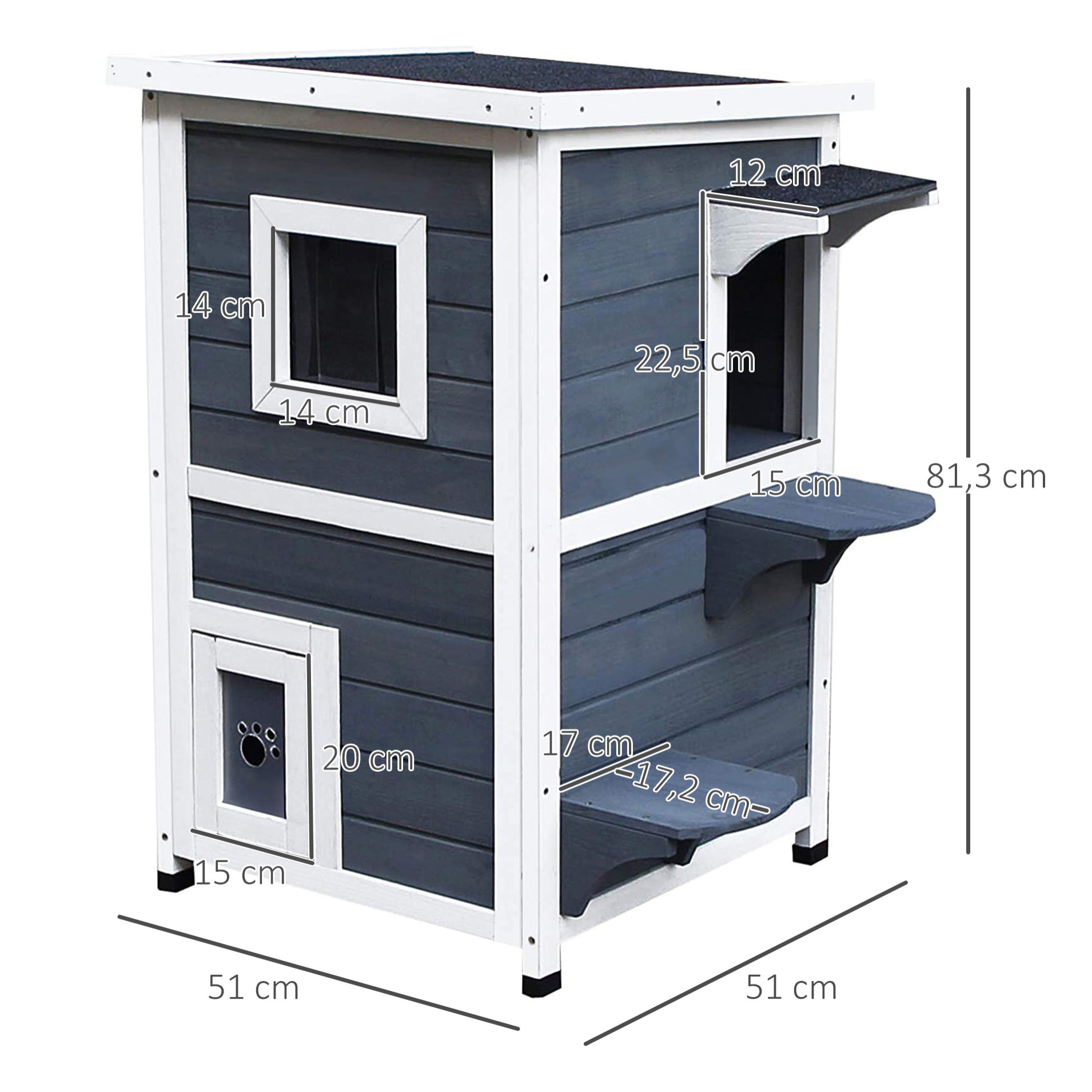 Maisonnette pour chat sur pied 2 niveaux - toit ouvrant bitumé - bois sapin pré-huilé peint gris blanc