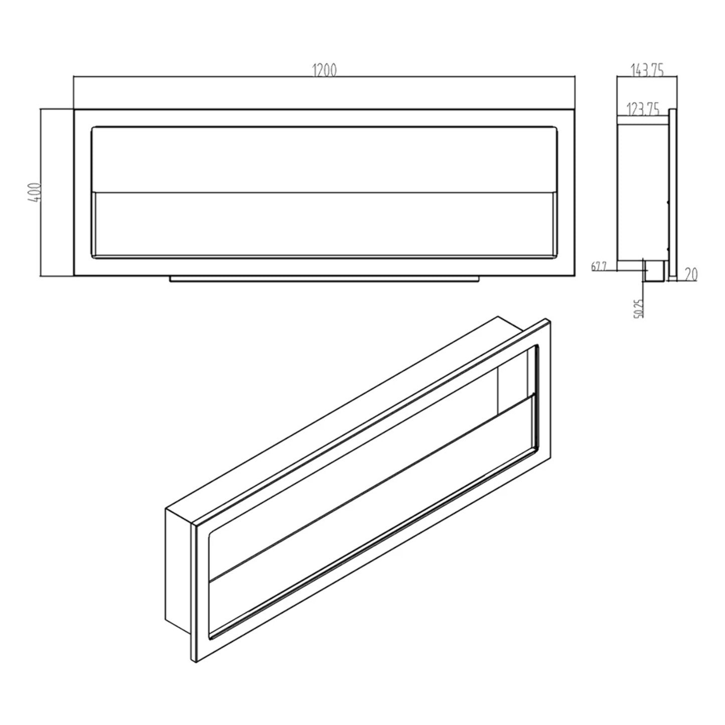 Furore 120 - Camino a Bioetanolo da Incasso 120x40x15 cm con Bruciatore 1,25lt in Acciaio